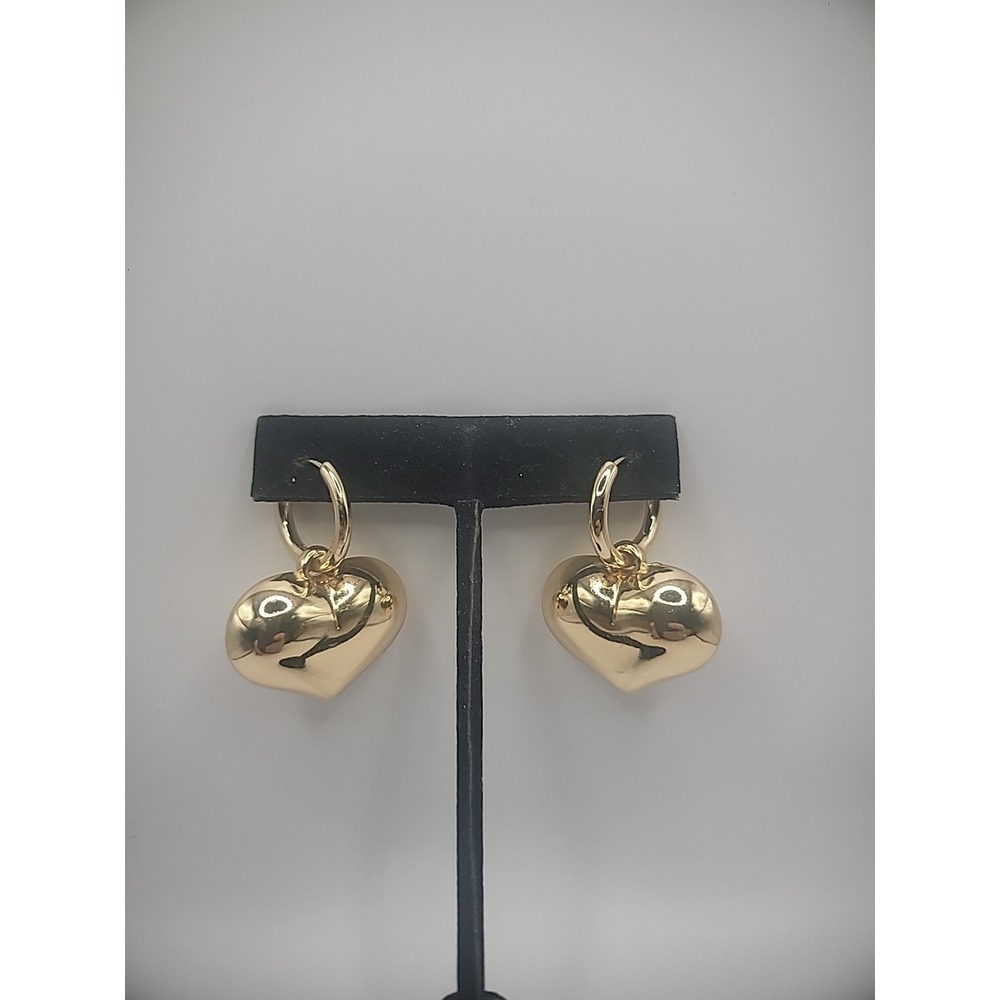 New Natasha Earrings Pierced Lever Back Gold Tone Puffy Hearts Hoops Jewelry